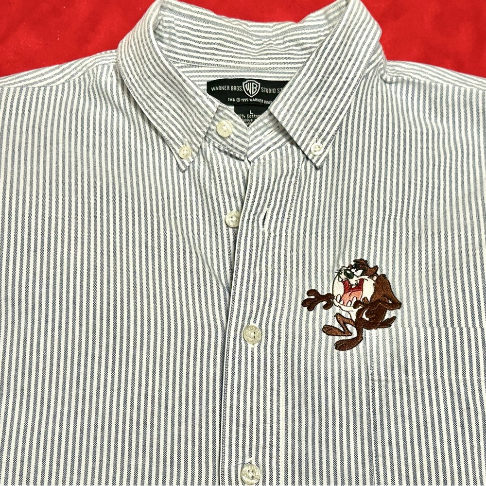 Warner Bros Brothers WB Tasmanian Devil Taz Button Down Collar Shirt White Blue